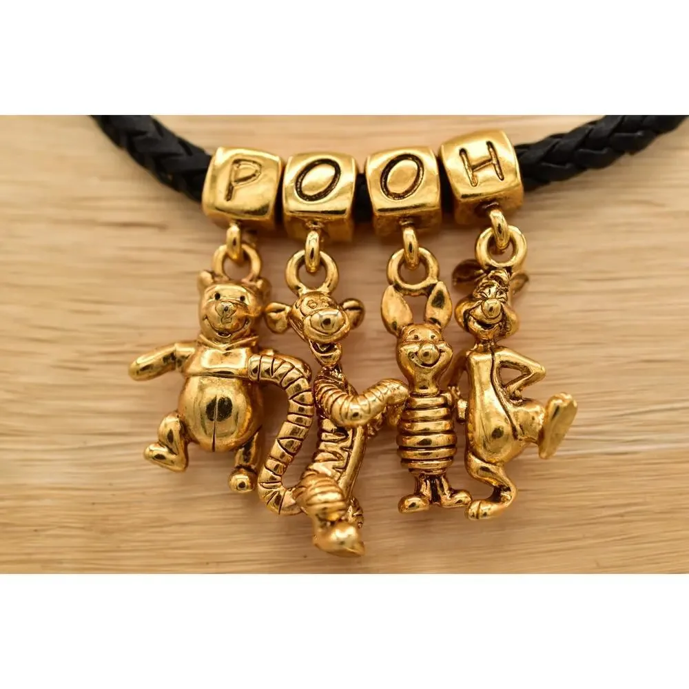 Disney Winnie the Pooh Charm Necklace Black Braided Cord Gold-Tone 1990s BinBE